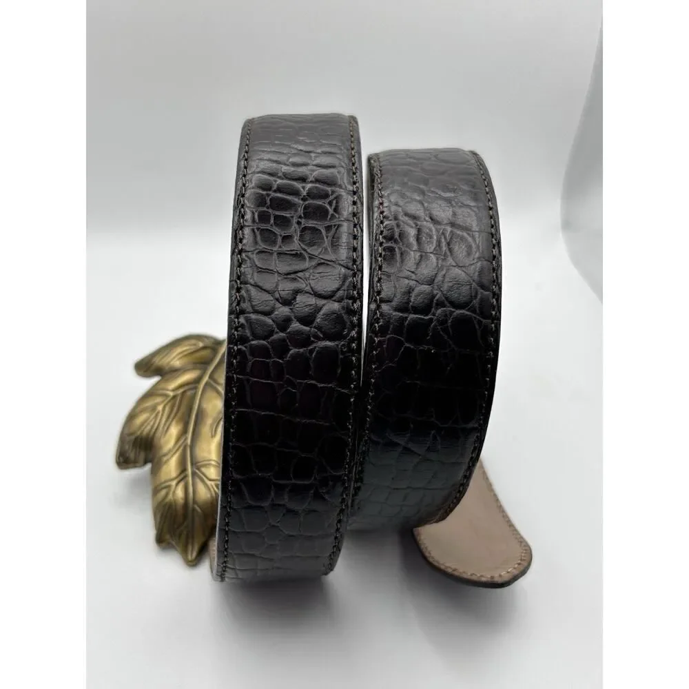 Talbots Brown Croc Embossed Leather Belt Brass Leaf Buckle ITALY Size M 6021